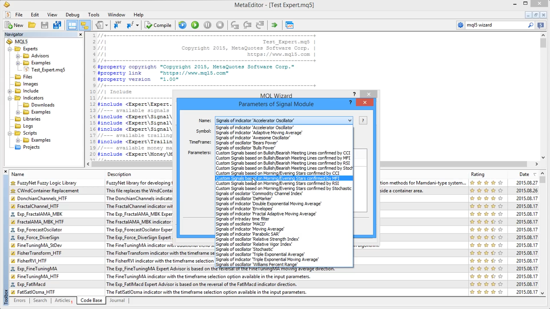 MetaEditor MQL5 编辑器界面，展示MQL Wizard创建向导，用户正在配置基于技术指标的EA交易信号模块